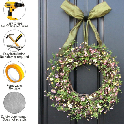 Molain 2 Pack 12 Inch Wreath Hanger Hooks, Black Over Door Hanger for Front Door Metal Wreath Holder, Wreath Door Hanger Clothes Towel Hanger Hooks Halloween Christmas Easter Wreath Hanger(Black)