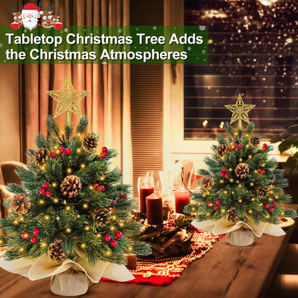 2 Pack 18 Inch 60 LED Realistic-Feel PE Thick Tabletop Christmas Tree Warm Lights with Timer Battery Operated Cedar Norfolk PE Pine Spruce Mini Small Christmas Tree Red Berry Pinecone Star Xmas Decor