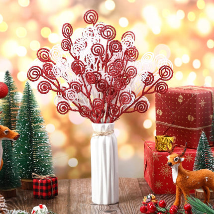 Zeyune 80 Pcs Christmas Candy Shape Curly Sticks Glitter Stem Ornaments Decorative Christmas Tree Picks Artificial Christmas Glittery Twigs for Wedding Holiday Party Home Decorations (Red White)