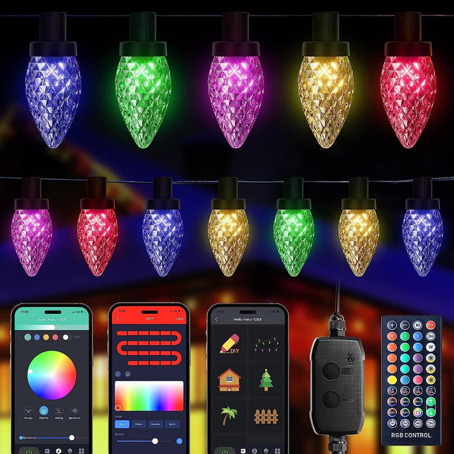 C9 RGB Smart Christmas Lights, 66 Feet 100 LED C9 Color Changing Lights with Music Sync Remote APP, Waterproof Commercial Grade Extendable C9 String Lights for House Indoor Outdoor Xmas Tree Decor