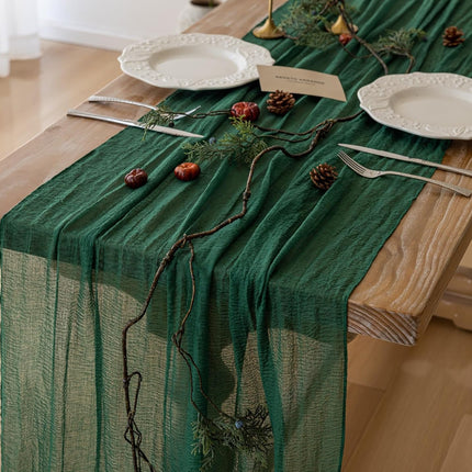 Keketo Christmas Table Runner Emerald Green Cheesecloth Gauze 120 Inch 10 FT Rustic Boho Cheese Cloth Table Runner for Wedding Baby Shower Bridal Shower Birthday Party Long Sheer Home Decorations