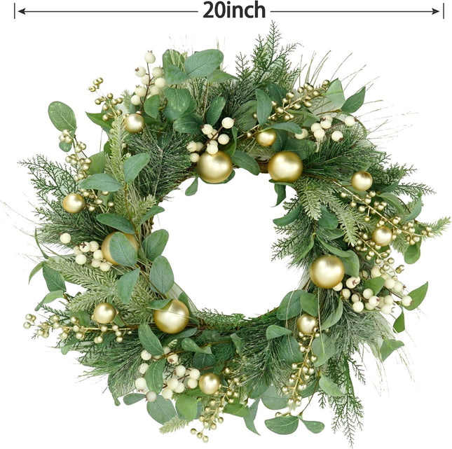 20 inch Artificial Christmas Wreath Winter Wreath for Front Door with Champagne Gold Berry,Christmas Balls for Front Door Farmhouse Indoor Outdoor Holiday Home Decor