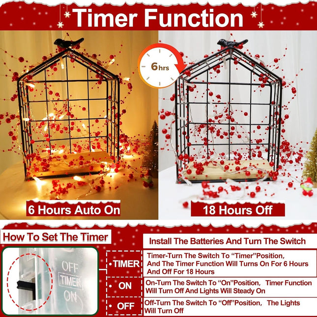 TURNMEON 10 Ft 30 LED Red Christmas Garland with Lights Timer Lighted Beaded Garland Christmas String Lights Battery Powered Xmas Garland Christmas Garland Decorations for Home Mantle Fireplace Table