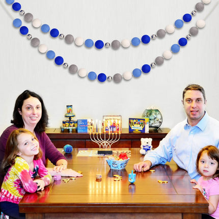 Hanukkah Pom Pom Garlands - Hanukkah Decorations - Chanukah Blue Dark Blue Grey Silver Bead White Felt Ball Garlands for Home Tree Mantle - Chanukah Jewish Party Indoor Outdoor Hanging Decor