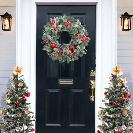 22 Inch Christmas Wreath Christmas Wreaths for Front Door Artificial Winter Wreath with Red Balls Holly Berries Pine Cones and Eucalyptus Leaves for Xmas Holiday Wall Fireplace Porch