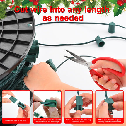 Ultimate Unicorn 500 FT C9 Light Socket Set Spool, Christmas Stringer Bulk Reel 12" Spacing, C9 Light Strand Green Wire, Christmas Stringer with E17 Sockets (10 Pairs of Plugs Included)