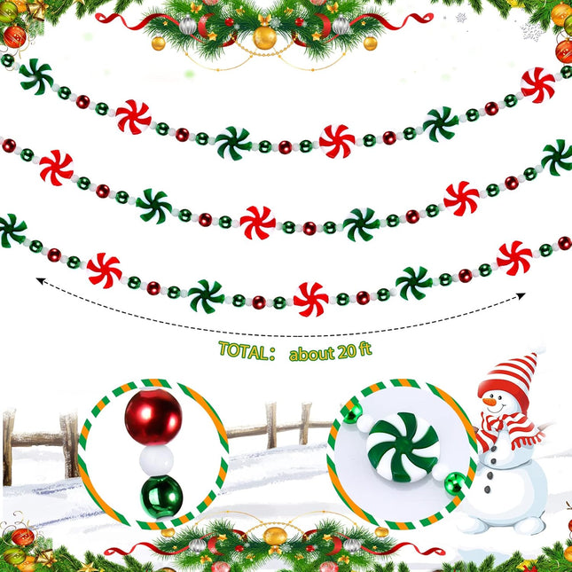 Peppermint Christmas Tree Bead Garlands, Peppermint Hanging Christmas Tree Garland Pearl Xmas Tree Bead for Christmas Tree Fireplace Wreath Ornaments Christmas Party Decorations (20 Feet)