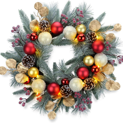 YULETIME 20-inch Christmas Wreath, Battery Operated Holiday Wreath with 20 Fairy Lights, Red & Gold Baubles, Frosty Red Berries, Pine Cones, Golden Leaves, Frosted Spruce Branches & Pine Needles (Red)