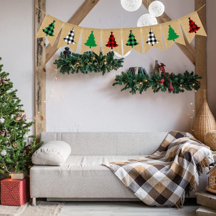 Doumeny Plaid Christmas Tree Burlap Banner Red Black Buffalo Check Christmas Garland Banner Green Christmas Gingham Banner Holiday Party Banner for Mantle Fireplace Wall Door Xmas Party Supplies Decor