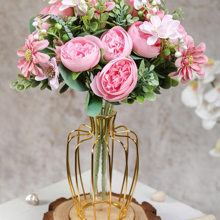 SATYAM KRAFT 1 Pcs Artificial Peony Rose Flower Bouquet Bunch for Home Decor, Office, Bedroom, Balcony, Table Display, Wedding Decoration (Without Vase Pot) (Pink) Fabric
