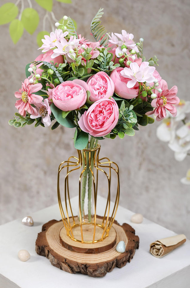 SATYAM KRAFT 1 Pcs Artificial Peony Rose Flower Bouquet Bunch for Home Decor, Office, Bedroom, Balcony, Table Display, Wedding Decoration (Without Vase Pot) (Pink) Fabric