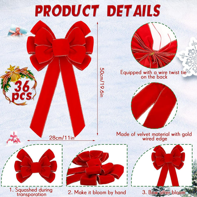 Lenwen 36 Pcs Large Christmas Bows 11 x 19.6 inch Velvet Christmas Wreath Bows Christmas Tree Topper Bow with Golden Edge Big Xmas Ornament for Wreath Home Front Door Decor (Red)