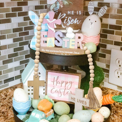 L1rabe Easter Wooden Bead Garland - Easter Jesus Cross Ornaments Bead Decoration Easter Hanging Decor Fireplace Ornaments Farmhouse Tiered Tray Prayer Bead for Easter Spring Holiday Party