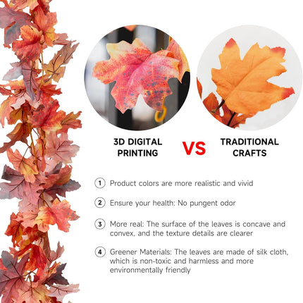 2 Pack Fall Garland 5.7ft/Piece 3D Artificial Fall Leaves Garland Hanging Vine Fall Decorations for Home Fall Maple Leaf Garland for Mantle Thanksgiving Party Fireplace Outdoor Porch Decor