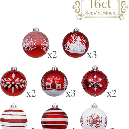 Valery Madelyn Christmas Tree Decorations Set, 16ct Red and White Shatterproof Christmas Ball Ornaments Bulk, 3.15 Inch Traditional Hanging Ornaments for Christmas Trees Xmas Holiday Party Decor
