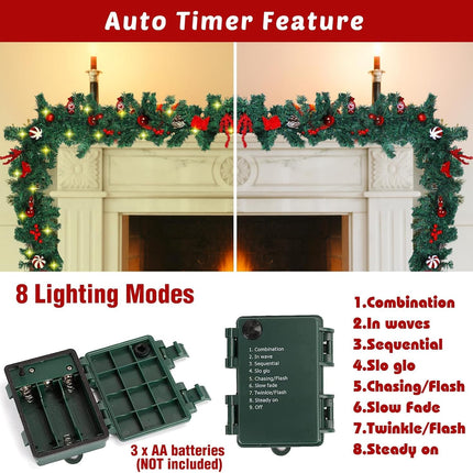 ANALIM 9 FT LED Christmas Garland with Christmas Balls Candies Pinecones Red Berries Bows, Multi-Function Christmas Garland with 50 Warm White LED Lights, 180 Branch Tips