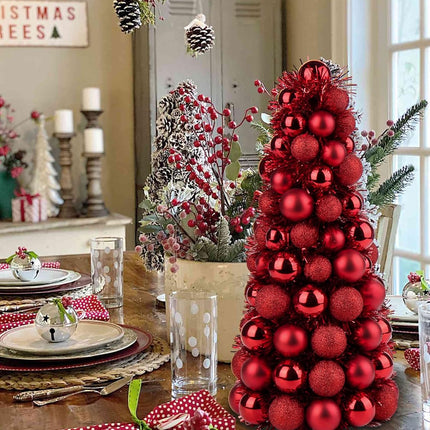 16" Small Tabletop Christmas Tree, Mini Xmas Tree with 94 Shatterproof Christmas Ornaments Balls for Christmas Decor Holiday Party Wedding Centerpiece -Red