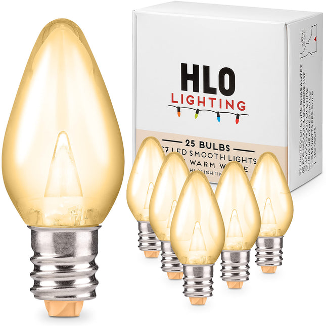 Holiday Lighting Outlet LED Smooth C7 Sun Warm White Replacement Christmas Light Bulbs for E12 Sockets, Energy Efficient Commercial Grade, 2 Diode 0.58 Watt (LED) Bulbs. Pack of 25 Bulbs