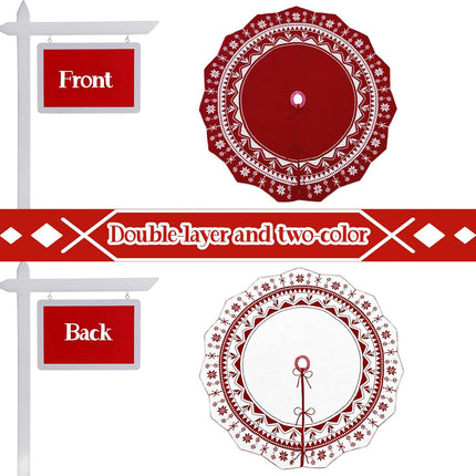 Christmas Tree Skirt 60 Inch, Double-sided Knit Red Tree Skirt with Snowflakes Patterns Large Knitted Xmas Tree Skirt Rustic Tree Skirt for Christmas Trees Party Holiday Christmas Decorations