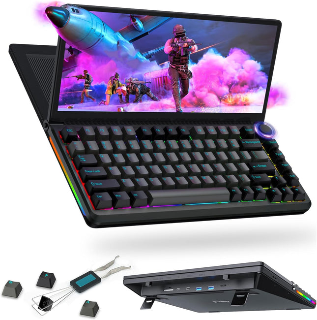 Kwumsy K3 Touchscreen Gaming Mechanical Keyboard -13"Portable Multifunctional Split Keyboard, US 82Keys RGB LED Backlit N-Key Compact Keyboard, Plug and Play for Windows Mac,75° Foldable Screen Angle.