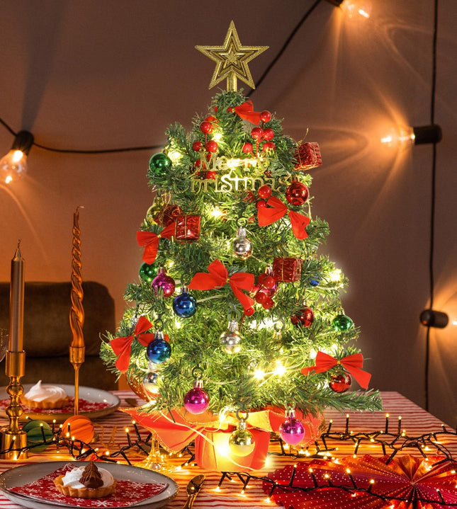 HMASYO Small Christmas Tree with Lights and Ornaments, 22 Inch Green Tabletop Mini Christmas Tree with Light, Star Topper, DIY Artificial Table Top Xmas Tree for Holiday Indoor Home Decoration