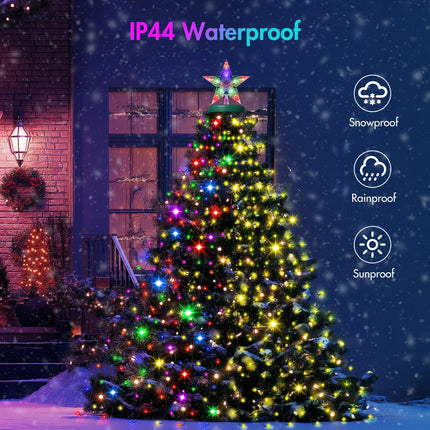 Solar Christmas Tree Lights with Star Topper, 410 LED 6.6FT x 16 Lines Christmas String Lights with 19 Models Timer Remote, Waterfall Tree Lights USB Powered for Xmas Tree(Warm White & Multi-Colored)