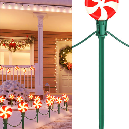 SURAIELEC Christmas Lollipop Pathway Lights Outdoor, 25FT Set of 20 LED Peppermint Candy Lights with Stakes, Connectable Waterproof Walkway Lights for Lawn, Driveway, Yard, Christmas Tree, UL Listed