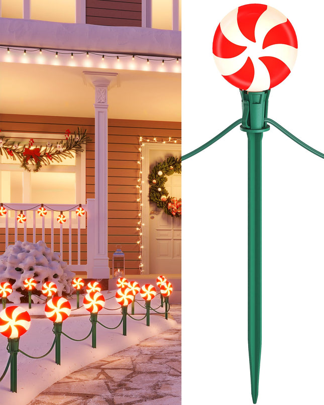 SURAIELEC Christmas Lollipop Pathway Lights Outdoor, 25FT Set of 20 LED Peppermint Candy Lights with Stakes, Connectable Waterproof Walkway Lights for Lawn, Driveway, Yard, Christmas Tree, UL Listed