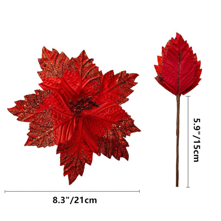 10 Pcs Large Christmas Poinsettia Picks Christmas Tree Glitter Flowers Decorations Ornaments for Christmas Tree Wreath, Red, 8.3 inch (PR3000)