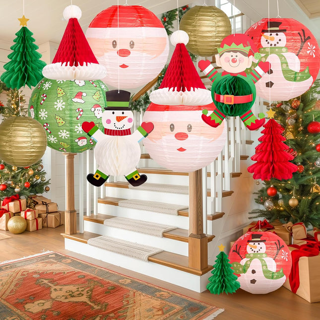 12Pc Gold Red Green Christmas Elf Paper Lantern Decoration Set, 3D Xmas Hat, Santa Claus, Snowman Tissue Paper Honeycomb, Indoor Outdoor Hanging Xmas Tree Star Garland Holiday Party Supply 12, 10, 8''