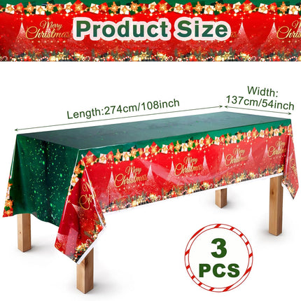 Yoption 3 Pack Christmas Tablecloth Disposable, Red Green Plastic Rectangle Table Cover with Xmas Wreath Snowflakes Pattern for Winter Christmas Year Birthday Party Decorations 54×108 Inch