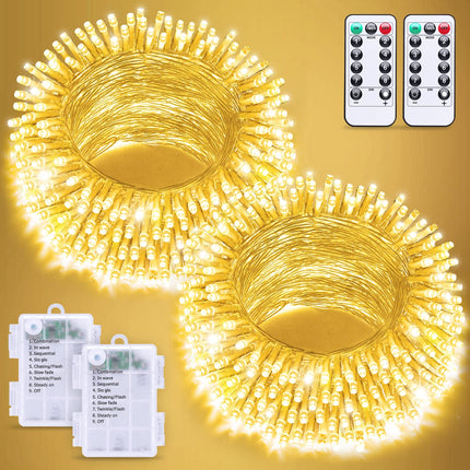 JMEXSUSS 2 Pack Battery Operated Christmas Lights Outdoor Indoor, Each 33ft 100 LED Warm White String Lights Battery Powered with Remote, 8 Modes Twinkle Fairy Lights for Christmas Decorations