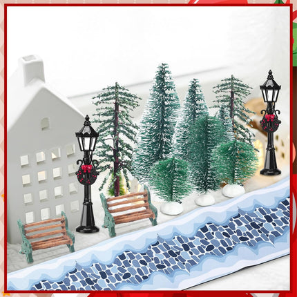 22 Pcs Christmas Village Sets Accessories Miniature Pine Trees Christmas Village Frosted Christmas Tree Figurine Streetlight Lamps Village Street Mat Park Bench Seat for Xmas Winter Decor