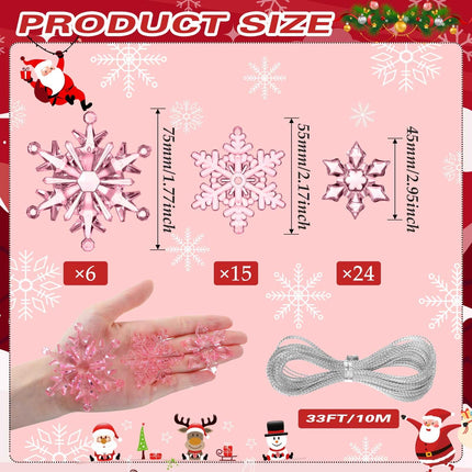45 Pieces Acrylic Snowflake Ornaments 3 Styles Crystal Clear Plastic Xmas Tree Pendant for Christmas Winter Snow Theme DIY Decorations (Pink)