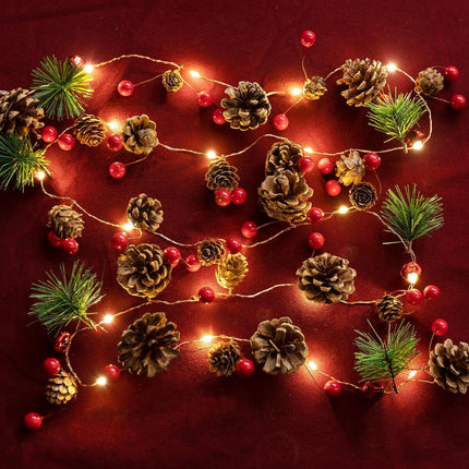 Christmas Garland with Lights, 6.6FT Pinecones Christmas String Lights with Red Berries, Bells & Needles, 20 LED Battery Operated Prelit Garland for Indoor/Outdoor Christmas Decorations (Warm White)