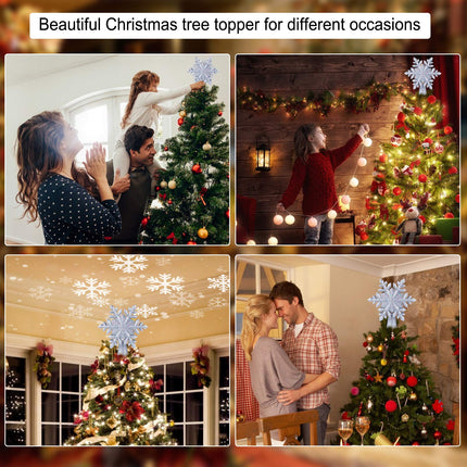 Christmas Tree Topper Lighted with Built-in Led Rotating Snowflake Projector Lights, 9.6” Hollowed Tree Topper with Silver Spangles Plug In for Indoor Home Xmas Year Party Holiday Night Tree Decor