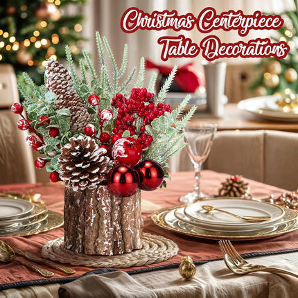Christmas Decorations Indoor, Christmas Centerpiece Table Decorations, Small Artificial Tabletop/Desk Christmas Tree with Christmas Ornaments Pinecone Berry for Home Farmhouse Mantle Décor (Red)