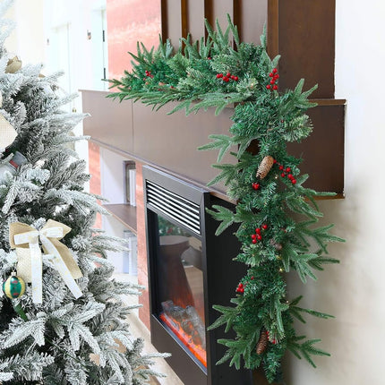 9 Ft Pre-Lit Christmas Decorations Garland with 50 Lights, Holiday PE Mixed Garland with Pine Cone Red Berry Christmas Ball Garlands for Indoor Home Holiday Year Xmas Decorations