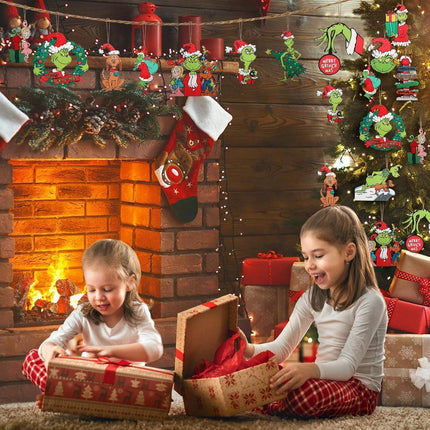 Christmas Tree Decorations Grinchs for Kids - 12 Sets Christmas Wooden Hanging Ornaments with Bells & Bows for Indoor Home Party Decor