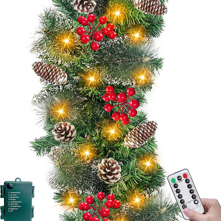 [ Remote Control & Timer & 8 Modes ] 9Ft by 10 Inch 50 LED Prelit Christmas Garland Decorations Warm White Lights Thick 300 Snowy Tips 198 Red Berry 18 Pinecone Xmas Decor Garland Indoor