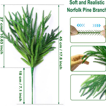 8Pcs Christmas Norfolk Pine Branches, 18 Inch Artificial Christmas Branches DIY Crafts Faux Christmas Norfolk Branches for Xmas Indoor Outdoor Home Decor