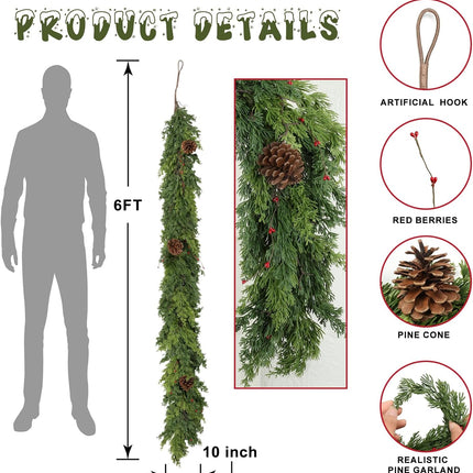 6 Ft Real Touch Christmas Garland Indoor with Pine Cone,Thick and Lush，Soft Bendable Mantle Garland Christmas, Lifelike Cedar Garland, Christmas Garland for Mantle,Christmas Tree Garland Decorations