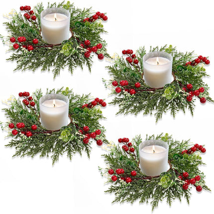 SOMGTING Christmas Candle Rings Wreaths Christmas Kitchen Cabinet Wreaths Mini Xmas Wreaths Table Centerpieces Candle Rings for Pillars Christmas Front Door Window Chair Decorations (4PCS)