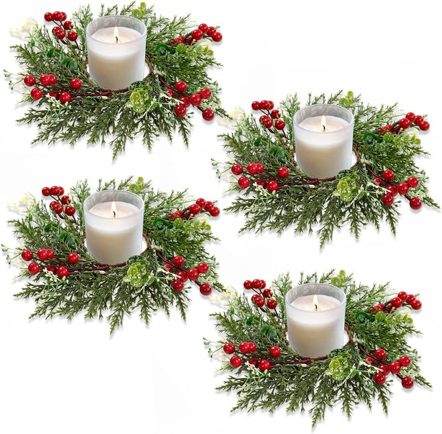 SOMGTING Christmas Candle Rings Wreaths Christmas Kitchen Cabinet Wreaths Mini Xmas Wreaths Table Centerpieces Candle Rings for Pillars Christmas Front Door Window Chair Decorations (4PCS)