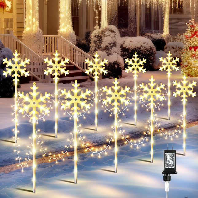 10 Pcs Christmas Snowflake Pathway Stake Lights for Outdoor Yard, 370 Bright LEDs Waterproof Large Christmas Snowflake Light Decoration for Garden Lawn Driveway Walkway Decor (Warm White)