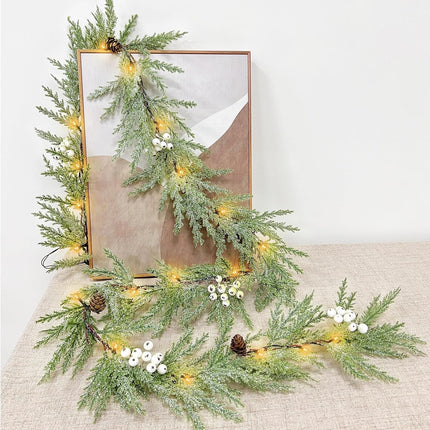 6Ft 20LED Christmas Garland with Lights Timer, Cedar Garland Snowy Christmas Garland Juniper Greenery Pine Garland Christmas Decorations with Pinecones Berried Christmas Garland for Mantle Table Home