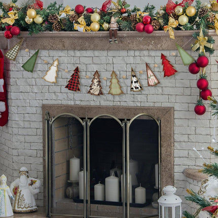 Wooden Rustic Christmas Tree Shaped Banner Farmhouse Christmas Tree Hanging Ornaments Retro Red and Green Xmas Tree Banner for Christmas Party Home Wall Decor Mantel Fireplace