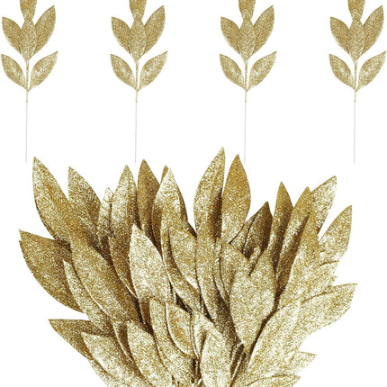 KIMOBER 20PCS Christmas Artificial Leaves,Glitter Golden Fake Floral Spray Picks Branches Twig for Xmas Tree Wreath Wedding Bouquet Decoration