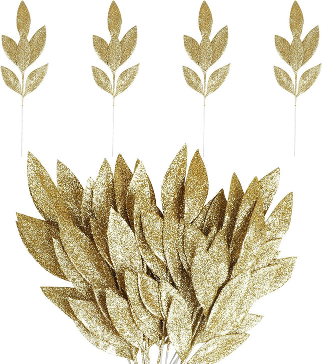 KIMOBER 20PCS Christmas Artificial Leaves,Glitter Golden Fake Floral Spray Picks Branches Twig for Xmas Tree Wreath Wedding Bouquet Decoration