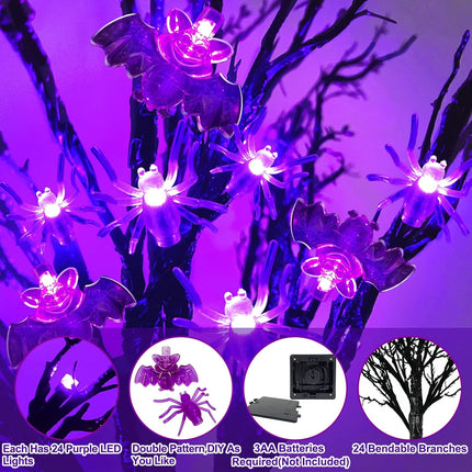 [ 2 Pack & Timer ] 24 Inch Prelit Halloween Black Tree Halloween Decorations Artificial Spooky Tree Battery Powered Total 48 LED Purple Lights DIY 25 Spider & 25 Bat Tabletop Indoor Home Party Decor
